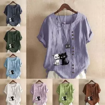 Женская мода с принтом черного кота и белого кота, футболка с коротким рукавом, свободная хлопковая рубашка, повседневная свободная летняя блузка, топы больших размеров S розовый