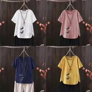 Женская мода с принтом черного кота, летняя повседневная свободная футболка с коротким рукавом, летняя блузка, топы S белый