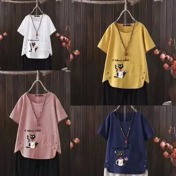 Женская мода с принтом черного кота, летняя повседневная свободная футболка с коротким рукавом, летняя блузка, топы S белый