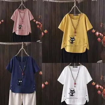 Женская мода с принтом черного кота, летняя повседневная свободная футболка с коротким рукавом, летняя блузка, топы S белый