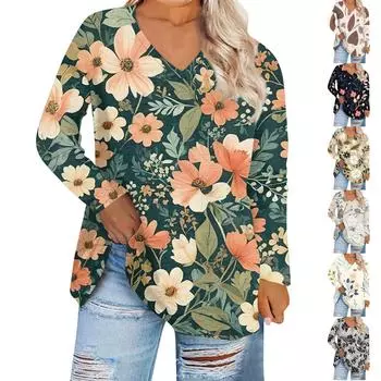 Женская мода с принтом дефолиации и v-образным вырезом плюс размер, повседневная футболка с длинным рукавом, топ XL бежевый