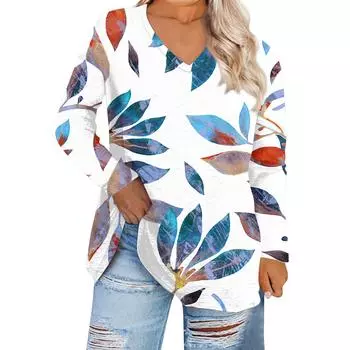 Женская мода с принтом дефолиации и v-образным вырезом плюс размер, повседневная футболка с длинным рукавом, топ XXXXL синий