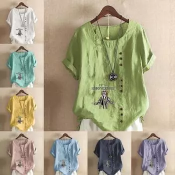 Женская мода с принтом «Джокер» с круглым вырезом и коротким рукавом, повседневная хлопковая льняная рубашка с рисунком, свободная летняя блузка, топы S розовый