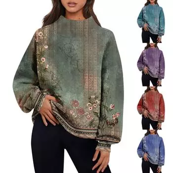 Женская мода с принтом и длинными рукавами, свободная полуводолазка с разрезом, толстовка, топ L