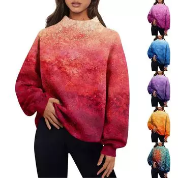 Женская мода с принтом и длинными рукавами, свободная полуводолазка с разрезом, толстовка, топ XXXL оранжевый