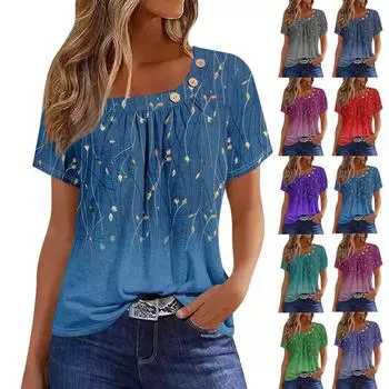 Женская мода с принтом и круглым вырезом, повседневная футболка с короткими рукавами, топ