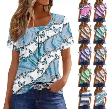 Женская мода с принтом и круглым вырезом, повседневная футболка с короткими рукавами, топ