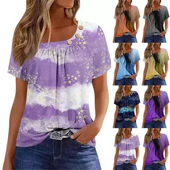 Женская мода с принтом и круглым вырезом, повседневная футболка с короткими рукавами, топ