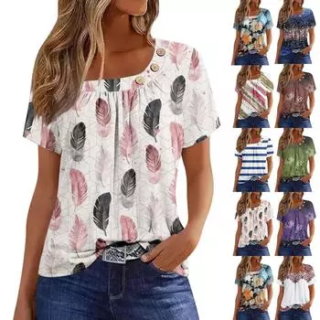 Женская мода с принтом и круглым вырезом, повседневная футболка с короткими рукавами, топ