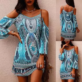 Женская мода с принтом и круглым вырезом с коротким рукавом и открытыми плечами, сексуальное платье на бретельках L синий