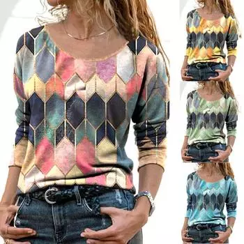 Женская мода с принтом и отворотом, повседневная футболка с длинными рукавами, свободная одежда, топы 3XL синий