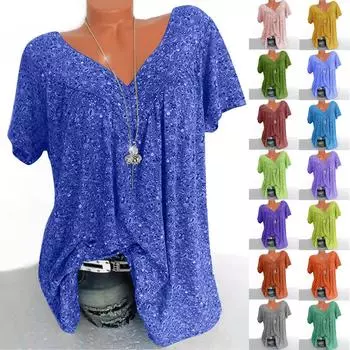 Женская мода с принтом и v-образным вырезом, свободная повседневная футболка с коротким рукавом, топ