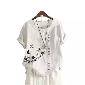 Женская мода с принтом, короткий рукав, летняя повседневная футболка с круглым вырезом из хлопка и льна, свободная блузка S белый