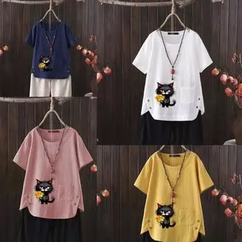Женская мода с принтом кошек, цветов и растений, летняя повседневная свободная футболка с коротким рукавом, летняя блузка, топы S белый