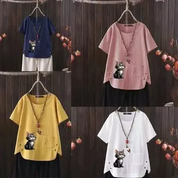 Женская мода с принтом «кошка-бабочка», летняя повседневная свободная футболка с коротким рукавом, летняя блузка, топы S белый