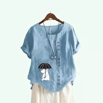 Женская мода с принтом кошки футболка с коротким рукавом летняя повседневная круглая горловина пуловер свободные хлопковые льняные блузки S белый