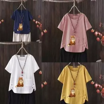 Женская мода с принтом кота, летняя повседневная свободная футболка с коротким рукавом, летняя блузка, топы S белый