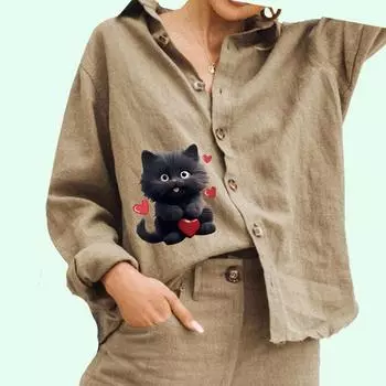 Женская мода с принтом кота, повседневная рубашка из хлопка и льна, женская блузка на пуговицах S белый