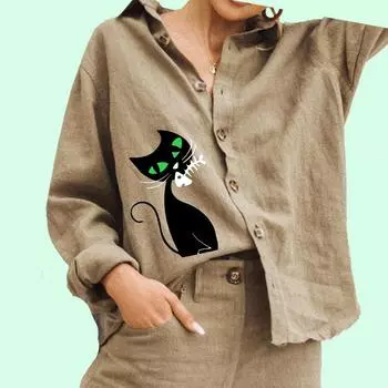 Женская мода с принтом кота, повседневная рубашка из хлопка и льна, женская блузка на пуговицах S белый