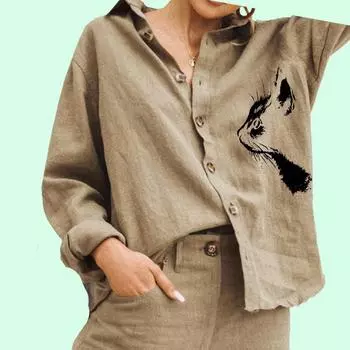 Женская мода с принтом кота, повседневная рубашка из хлопка и льна, женская блузка на пуговицах S белый