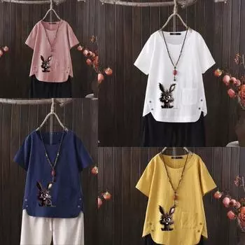 Женская мода с принтом кролика, летняя повседневная свободная футболка с коротким рукавом, летняя блузка, топы S белый