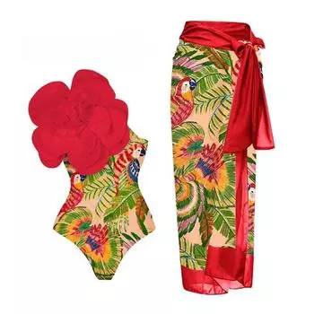 Женская мода с принтом, летний пляжный купальник-бикини, моникини с 3D цветочным принтом, на шнуровке, комплект купальников, комплект из двух частей, горячий весенний купальный костюм S