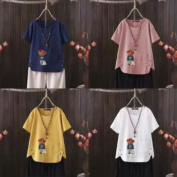 Женская мода с принтом мультяшного медведя, летняя повседневная свободная футболка с коротким рукавом, летняя блузка, топы S белый