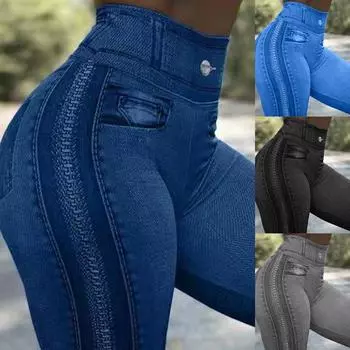 Женская мода с принтом на молнии из искусственного денима, спортивные штаны с подтяжкой бедер, большие размеры, штаны для йоги L чёрный