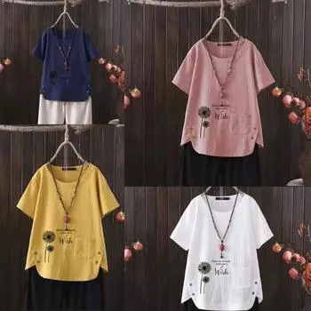 Женская мода с принтом одуванчика, летняя повседневная свободная футболка с коротким рукавом, летняя блузка, топы S белый