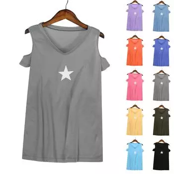 Женская мода с принтом пентаграммы свободная однотонная футболка без бретелек с коротким рукавом