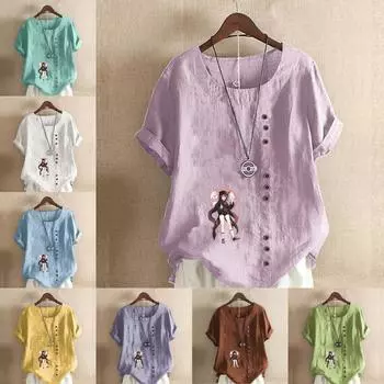 Женская мода с принтом персонажей мультфильмов, футболка с коротким рукавом, свободная хлопковая рубашка, повседневная свободная летняя блузка, топы больших размеров S розовый