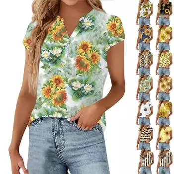 Женская мода с принтом подсолнечника, винтажная футболка с v-образным вырезом и короткими рукавами, декоративная пуговица, топ L чёрный
