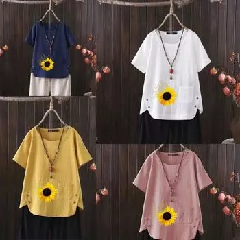 Женская мода с принтом подсолнухов, летняя повседневная свободная футболка с коротким рукавом, летняя блузка, топы S белый