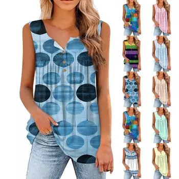 Женская мода с принтом, повседневная футболка без рукавов с круглым вырезом, майка L синий