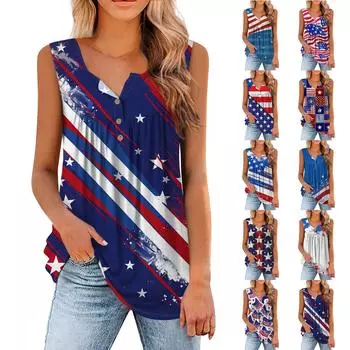 Женская мода с принтом, повседневная футболка без рукавов с круглым вырезом, майка L синий