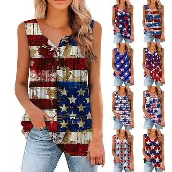 Женская мода с принтом, повседневная футболка без рукавов с круглым вырезом, майка L синий
