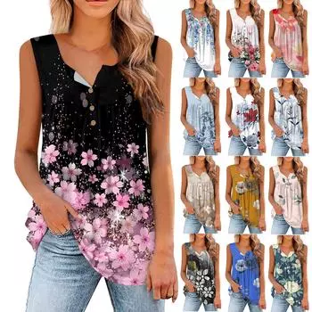 Женская мода с принтом, повседневная футболка без рукавов с круглым вырезом, майка L чёрный