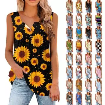 Женская мода с принтом, повседневная футболка без рукавов с круглым вырезом, майка L