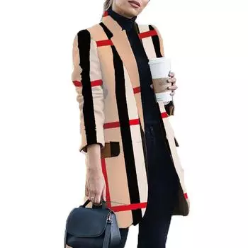 Женская мода с принтом, повседневное твидовое свободное пальто с клетчатым воротником, верхняя одежда XL