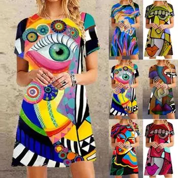 Женская мода с принтом, повседневные свободные платья длиной до колен с коротким рукавом XXXL красный