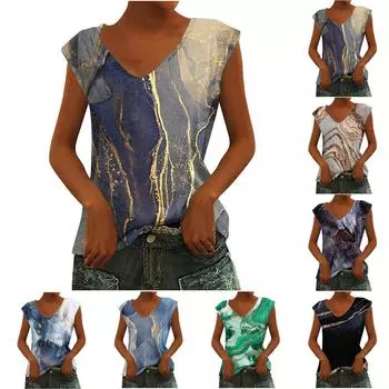 Женская мода с принтом, повседневный жилет с v-образным вырезом, свободная футболка, топы, блузка L чёрный