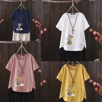 Женская мода с принтом рыжего кота, летняя повседневная свободная футболка с коротким рукавом, летняя блузка, топы S белый