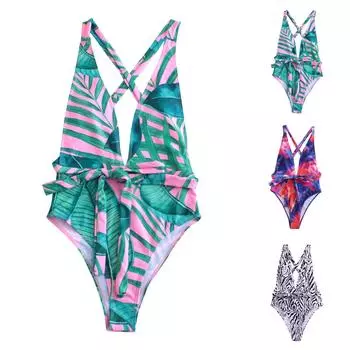 Женская мода с принтом, сексуальный полый купальник бикини с открытой спиной, разделенный купальник L зелёный