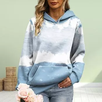 Женская мода с принтом синих и белых облаков, свободные толстовки с капюшоном, блузка, свитшот, повседневные топы с длинным рукавом, пуловеры XS синий