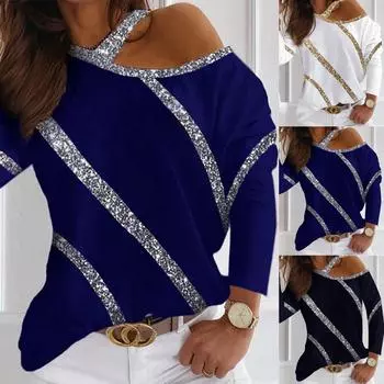 Женская мода с принтом, свободные плечи, повседневная футболка с длинным рукавом, верхняя блузка M синий