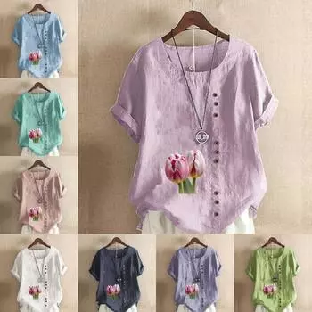 Женская мода с принтом тюльпанов, футболка с коротким рукавом, свободная хлопковая рубашка, повседневная свободная летняя блузка, топы S розовый