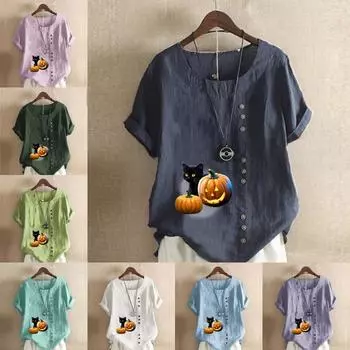 Женская мода с принтом тыквы-фонаря с коротким рукавом, свободная хлопковая рубашка, повседневная свободная летняя блузка, топы больших размеров S розовый
