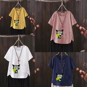 Женская мода с принтом в виде кошачьих цветов, летняя повседневная свободная футболка с коротким рукавом, летняя блузка, топы S белый