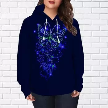 Женская мода с принтом в виде листьев бамбука и бабочек, свободные толстовки с капюшоном, блузка, свитшот, повседневные топы с длинным рукавом XS синий
