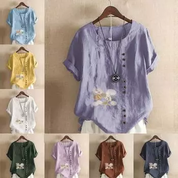 Женская мода с принтом в виде ракушек, с круглым вырезом и коротким рукавом, повседневная хлопковая льняная графическая рубашка, свободная летняя блузка, топы S розовый